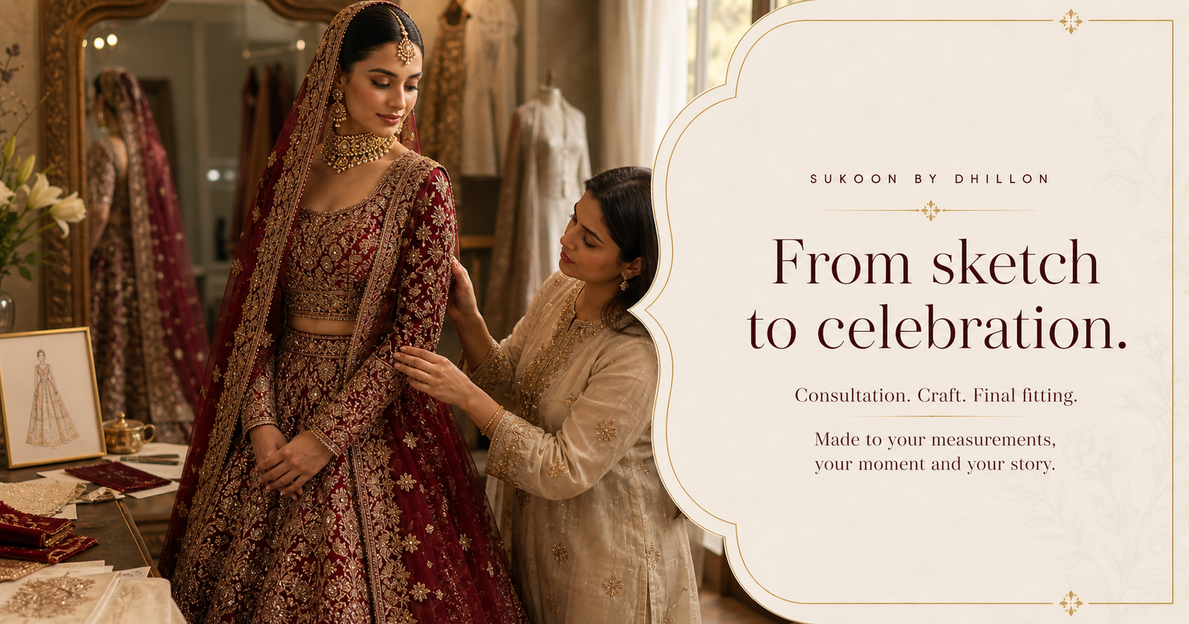Bride at a final made-to-measure fitting with a Sukoon designer